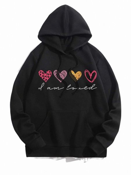 

slogan & heart print kangaroo pocket drawstring hoodie 53vb#, Black