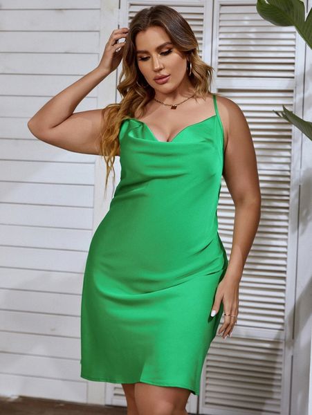 

plus crisscross back draped collar satin cami dress h1gw#, Black