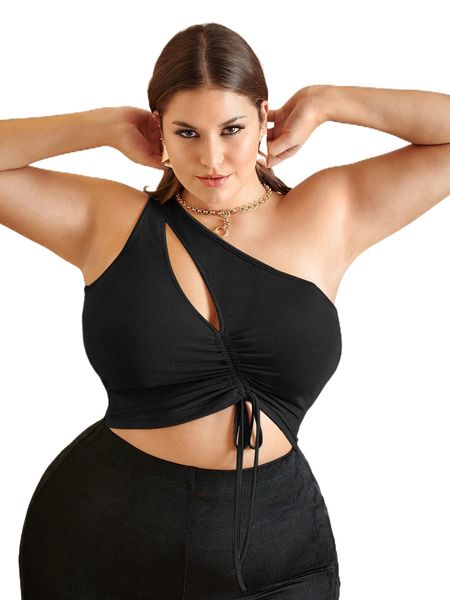 

plus drawstring ruched cutout one shoulder crop g3ur#, Black