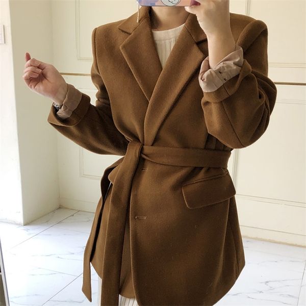 

lucyever vintage korean turndown collar blend coats women winter new sashes loose coat woman solid simple casual outwear mujer t200828, Black
