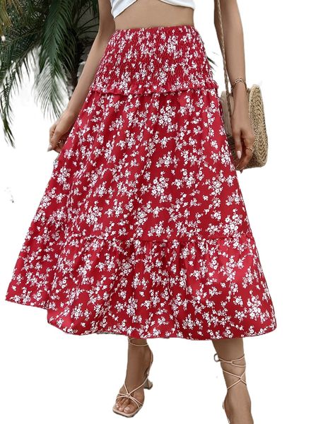 

ditsy floral print shirred ruffle hem dress b4n4#, Black