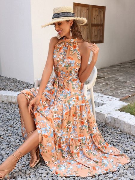 

floral print halter neck ruffle hem belted dress f8oq#, Black;gray