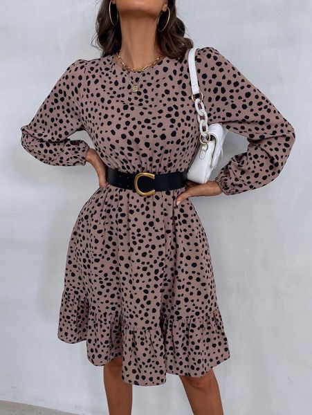 

dalmatian print ruffle hem dress e6t4#, Black;gray