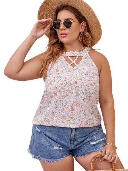 

plus ditsy floral print crisscross keyhole back halter z1xz#, Black