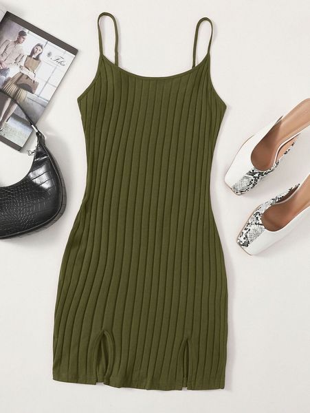 

ribbed cami -slit bodycon mini dress 15iv#, Black;gray