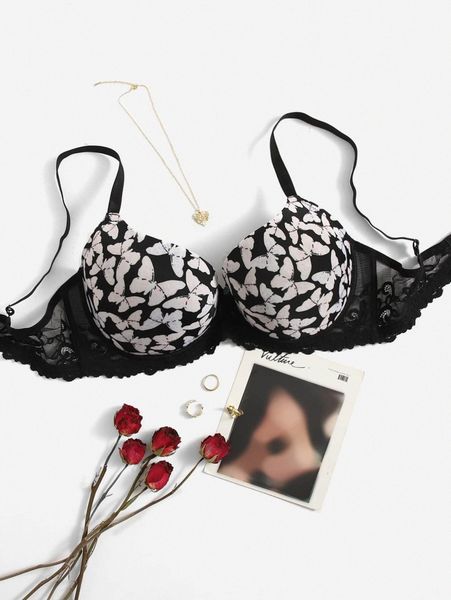 

plus butterfly print lace panel push up bra g0ux#, Black;white