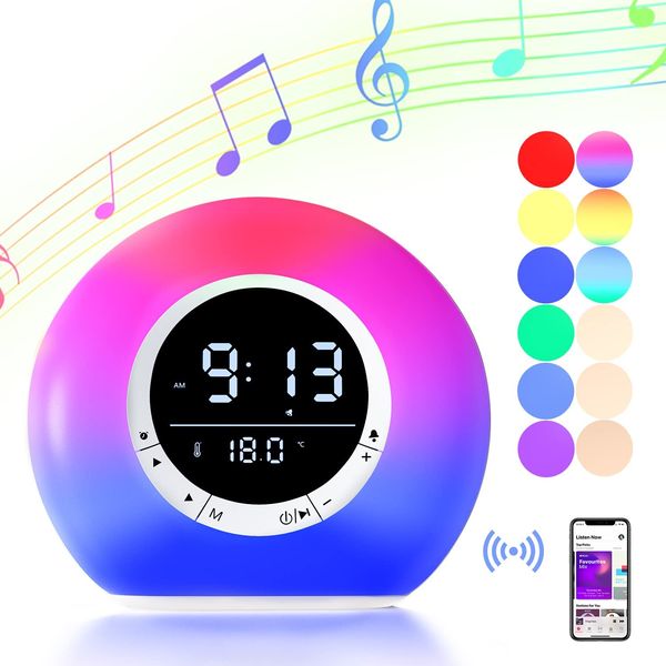 Wake-up-Licht, Bluetooth-Lautsprecher, LED-Lampe, Stereo-Sound, bunte RGB-Beleuchtung mit Alarm-Temperaturanzeige für Kindergeburtstagsgeschenke
