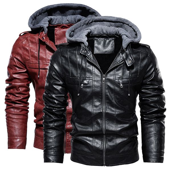 Masculino moda de couro vintage zíper com capuz casual masculino de inverno slim motociclet jaqueta de casaco