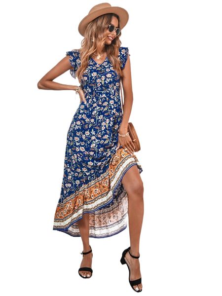 

floral print high low ruffle hem dress u7xd#, Black;gray