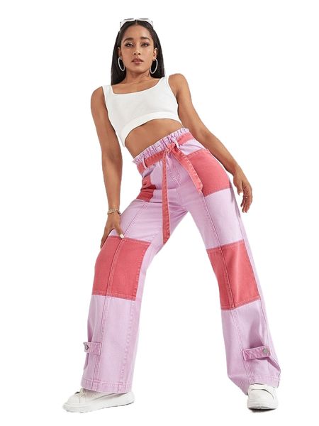 

two tone paperbag waist belted jeans y06a#, Blue