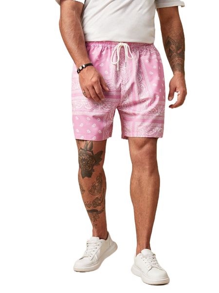 

extended sizes men paisley print drawstring waist shorts 49bn#, White;black