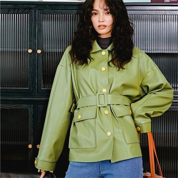 Ftlzz High Street Menina de couro feminino Jaqueta de couro Green Faux com cinto punk jaquetas pretas Ladies Basic Coats Loose Outwear 220815