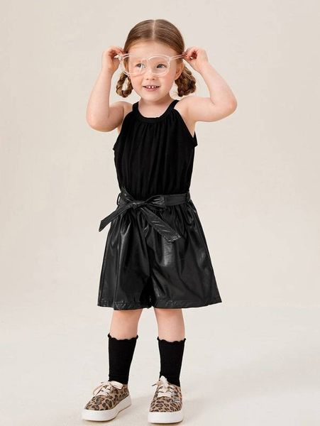 

toddler girls halter neck belted pu leather romper she, Blue