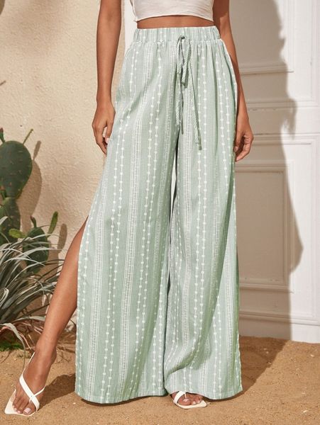 

floral & plaid pattern tie front slit thigh wide leg pants x0ge#, Black;white