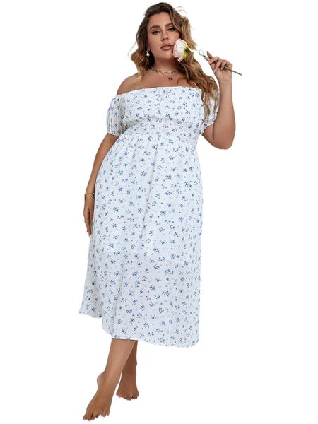 

plus ditsy floral off the shoulder shirred waist dress g08z#, Black