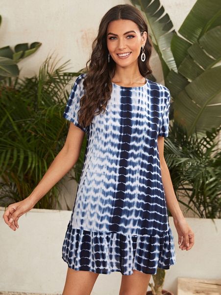 

tie dye ruffle hem smock dress j53m#, Black;gray