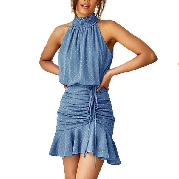 

high neck off-the-shoulder sleeveless mini trumpet casual dress summer printed with polka dot decorated ruches sashes ruffled bottom hem, Black;gray