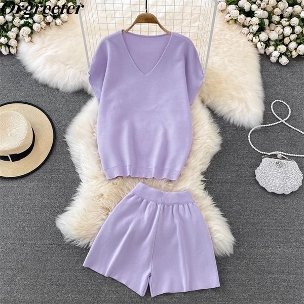 

casual fashion knitted shorts suit female solid vneck loose sweater high waist shorts 2 piece set tracksuit women 220520, White