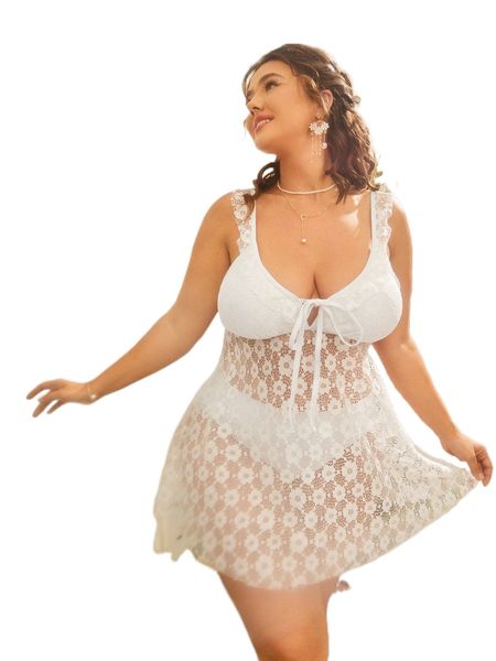 

plus contrast lace knot front bikini swimsuit a44a#, White;black