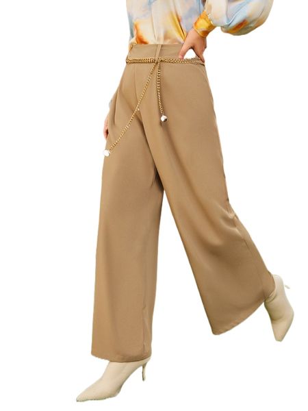 

zipper side fold pleated wide leg pants with chain x4ky#, Black;white
