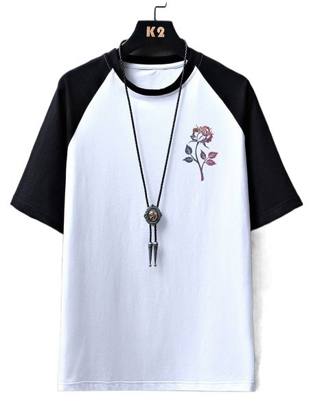 

men color block floral print raglan sleeve tee s8pz#, White;black
