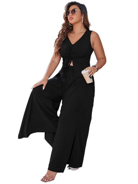 

plus ruched knot front crop tank with wide leg pants f9kl#, Black