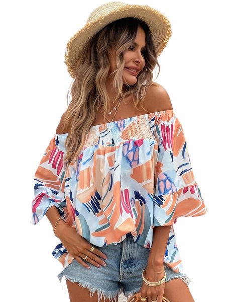 

brush print shirred off the shoulder bell sleeve blouse m2kq#, White