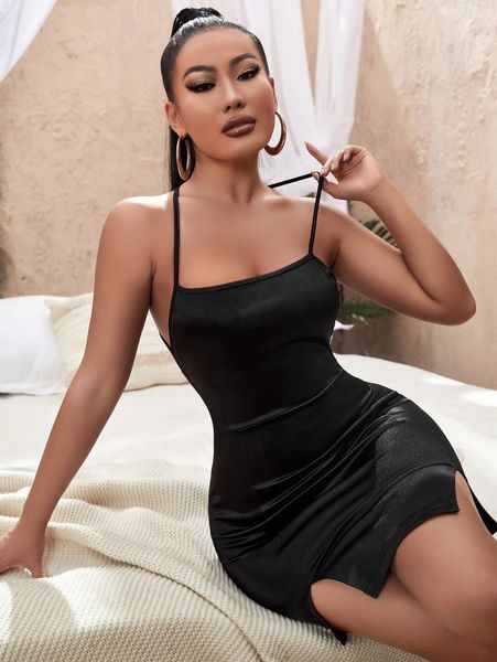 

criss cross backless split hem satin cami bodycon dress r7lp#, Black;gray