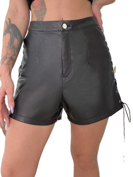 

eilly bazar lace up side leather look shorts m9zf#, White;black