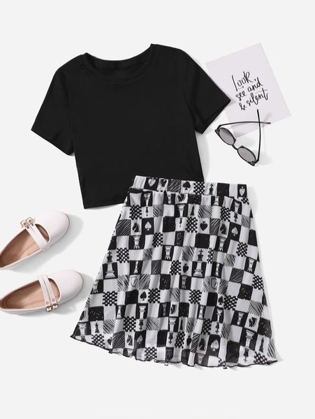 

teen girls round neck and lettuce trim graphic print skirt set she, White