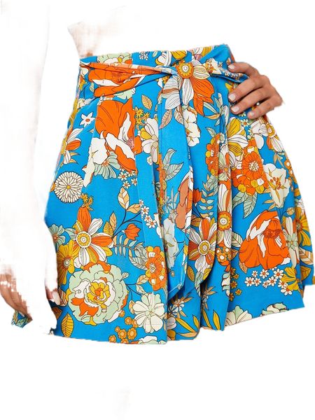 

floral print knot front pleated shorts j5in#, White;black