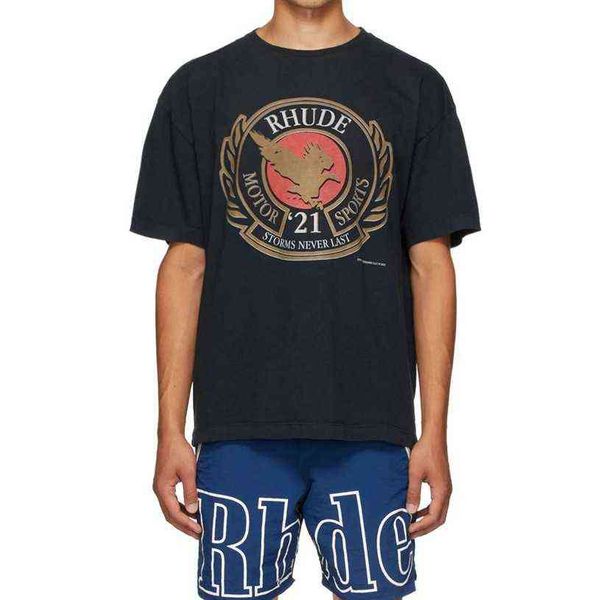 

american fashion rhude motor sports storms never las short sleeve men's casual large t-shirt, White;black