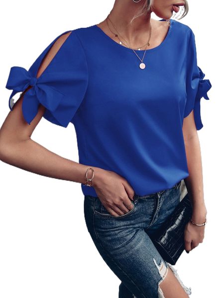 

tie cuff slit sleeve blouse a6jr#, White