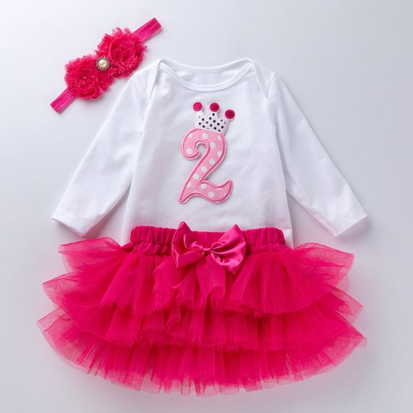 Completi di abbigliamento Neonate Corona Vestito da festa del secondo anno Pagliaccetto rosa 6 strati Gonna TUTU 2 ° compleanno Vestito Fascia per fiori per bambina