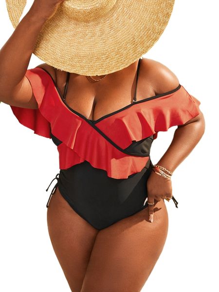 

plus contrast binding cross ruffle trim one piece swimsuit w5hq#, White;black