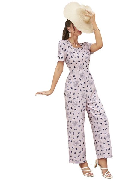 

floral print wide leg jumpsuit 17bg#, Black;white