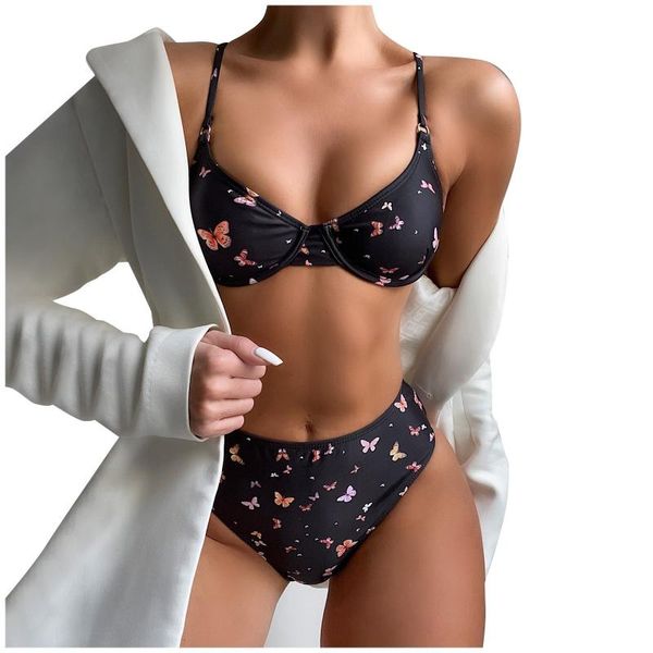 

women's swimwear 2 piece bikini set butterfly print women 2022 high waist swimsuit women's swimming suit bathing female, White;black