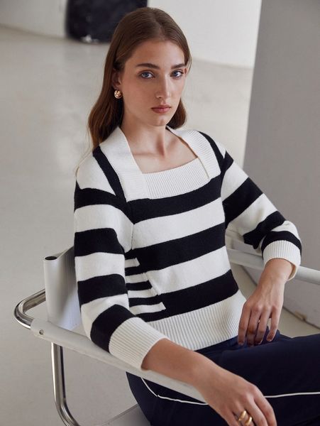 

motf premium wool-mix asymmetrical neck sweater 92oa#, White;black