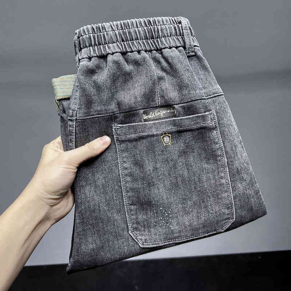 

men's jeans tether elastic waist spring jeans men's korean version chao brand small foot slim fit cotton embroidered denim capris, Blue