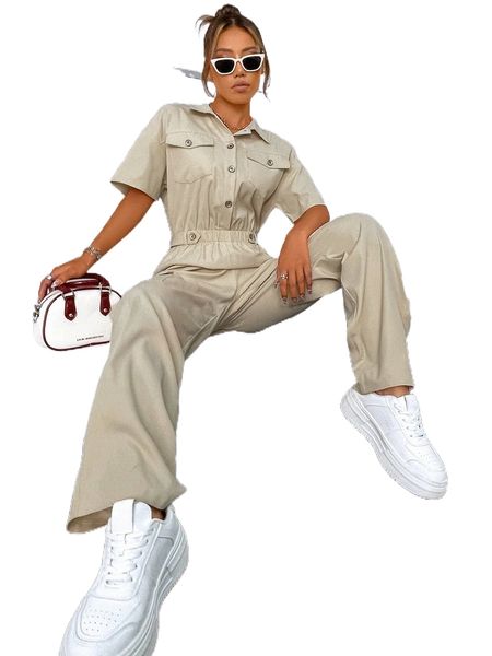 

drop shoulder flap pocket jumpsuit 7868#, Black;white