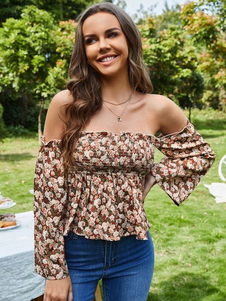 

allover floral print off shoulder shirred peplum blouse l88y#, White