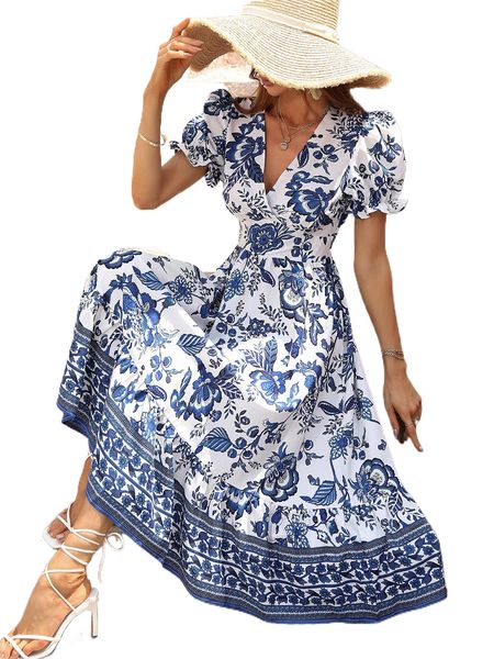 

allover floral print puff sleeve surplice neck dress n5gu#, Black;gray