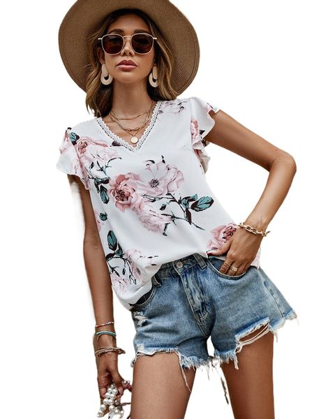 

floral print contrast lace butterfly sleeve blouse o51a#, White