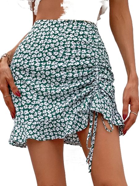 

ditsy floral drawstring side ruffle hem skirt t3sd#, Black