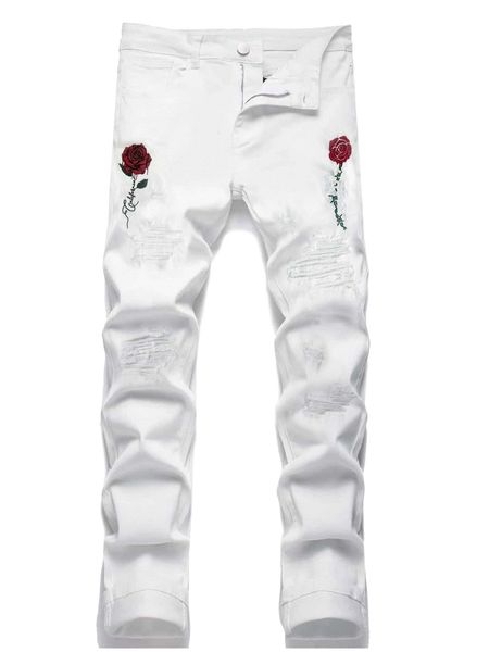 

men floral embroidery ripped frayed tapered jeans i5hz#, Blue
