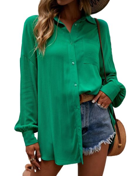 

drop shoulder pocket patched blouse 37ey#, White