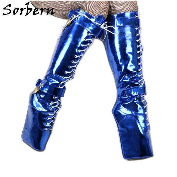 Sorbern Metallic Blau Kniehohe Stiefel Cosplay Schlösser Mit Schlüssel Ballett Keil Plus Größe feminino Erotische Schuhe Benutzerdefinierte Breite fit Kalb