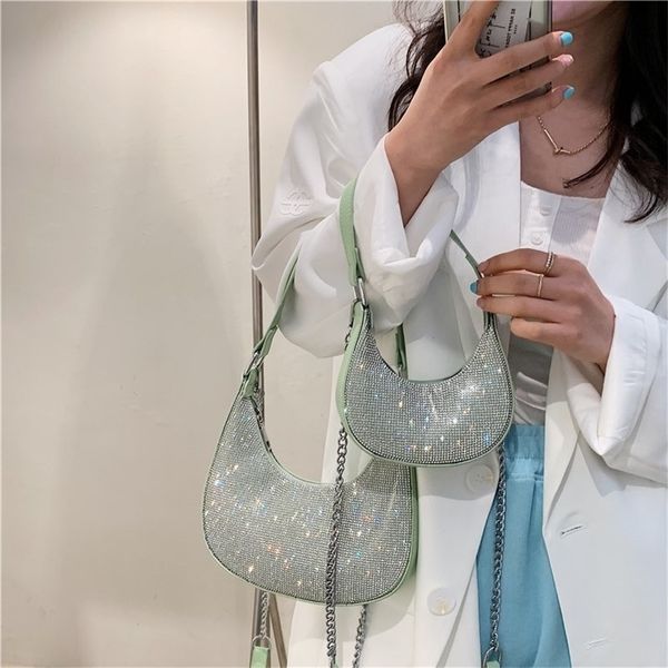 

super small design shoulder bags for women blingbling underarm bag female luxury chain halfmoon shiny handbag clutch 220525