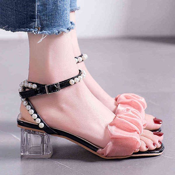 

sandals fashion ribbon square toe women 2022 summer pearl ankle strap party shoes woman thick heeled de mujer 220419, Black