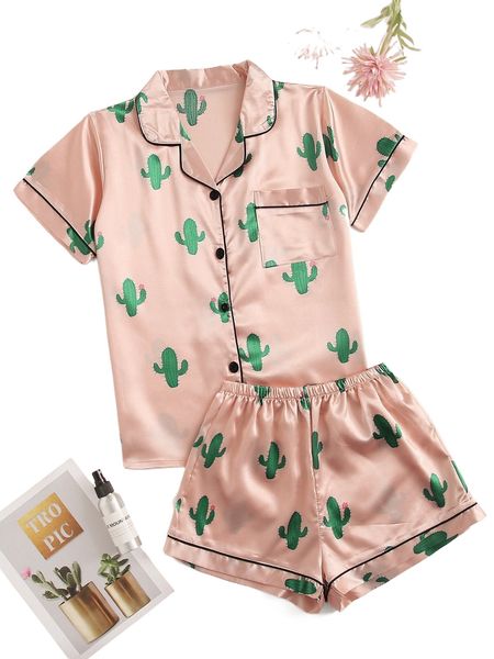 

cactus print satin pajama set b3zl#, Black;red